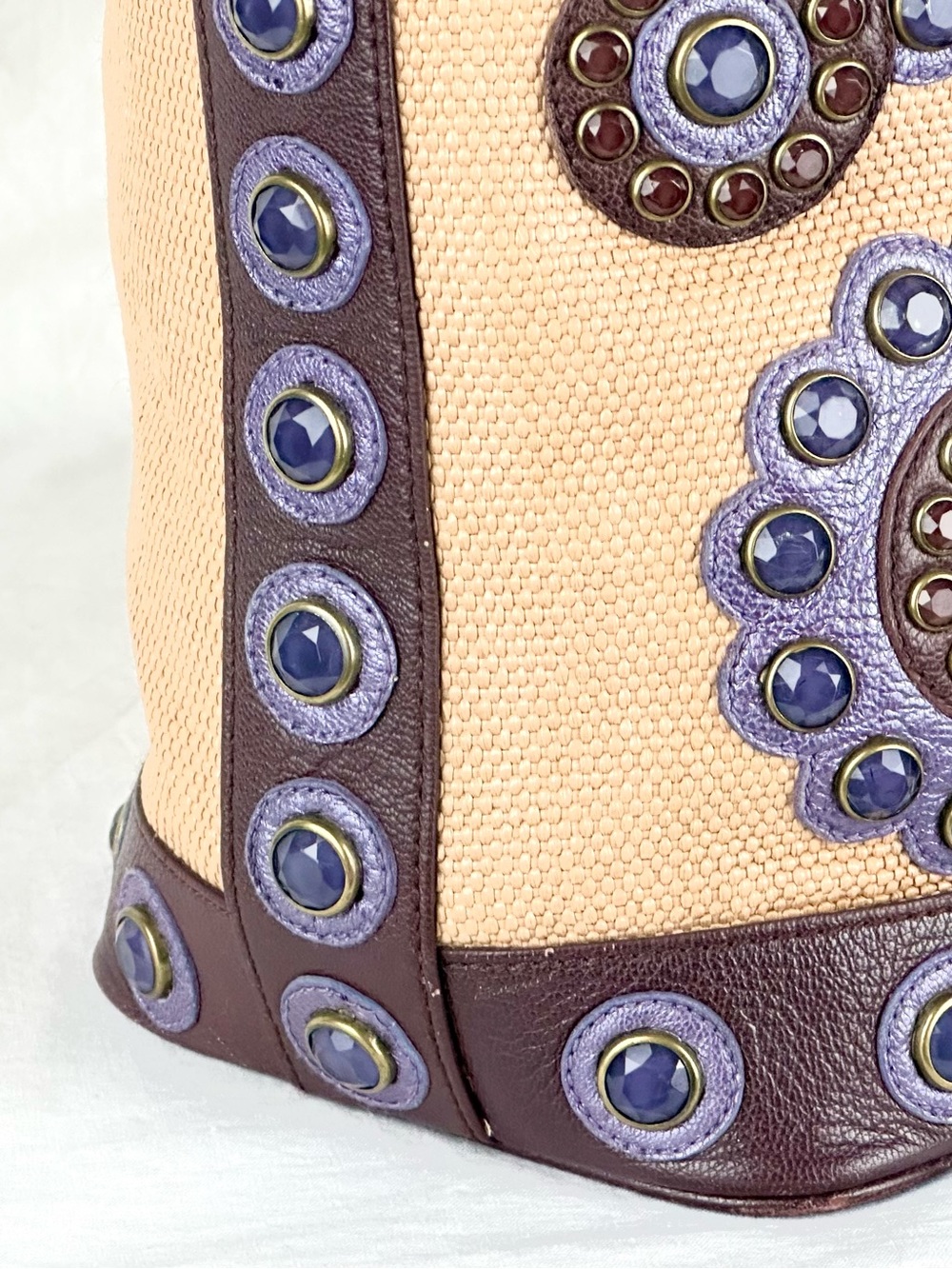 Isabella Fiore ‘Set in Stone’ Jeweled Tote Bag Tan and Brown Leather Trim - Picture 5 of 16